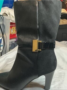 Karen Scott Black Mid-Calf Heeled Boot with Gold Buckle